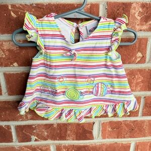 Vtg Okie dokie baby girls striped top with embroidered snail designs